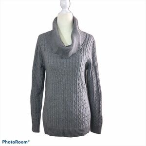 PRIA Gray Cotton Cable Knit Cowl Neck Long Sleeve Pullover Sweater